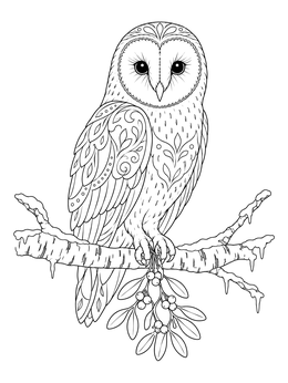 A detailed pagan yule coloring page depicting a barn owl on a snowy branch clutching mistletoe.