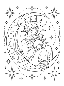 A serene child rests inside a crescent moon holding the sun in this pagan yule coloring page.