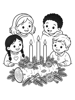 Free printable Children Around A Decorated Yule Log coloring page