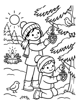 Free printable Children Decorating Winter Pine Tree coloring page