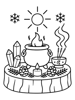 Free printable Winter Solstice Altar With Cauldron And Crystals coloring page