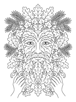 A detailed pagan yule coloring page showing a Green Man woven from oak leaves, pine boughs, and winter ivy.