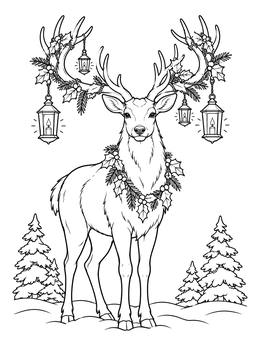 Free printable Winter Stag With Antler Lanterns coloring page