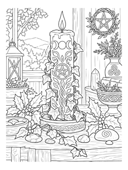 A carved altar candle shines on this pagan yule coloring page with ivy, holly, and seasonal symbols.