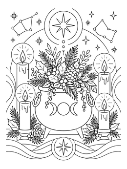 A festive cauldron display on this pagan yule coloring page with glowing candles and winter greenery.