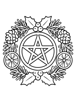 Free printable Yule Pentacle Winter Solstice Wreath coloring page