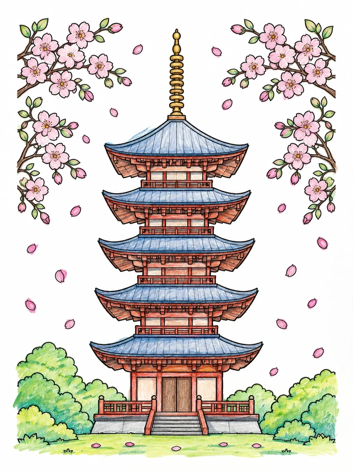 Colored example of the Five Tier Pagoda With Cherry Blossoms coloring page