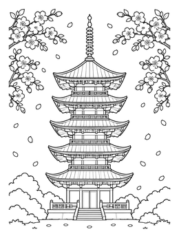 Free printable Five Tier Pagoda With Cherry Blossoms coloring page