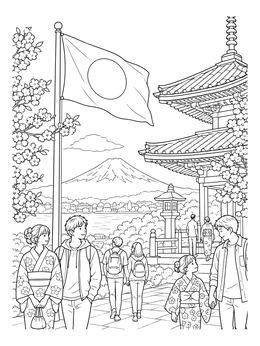 Japanese flag waving beside a pagoda and Mount Fuji in this detailed japan coloring page.