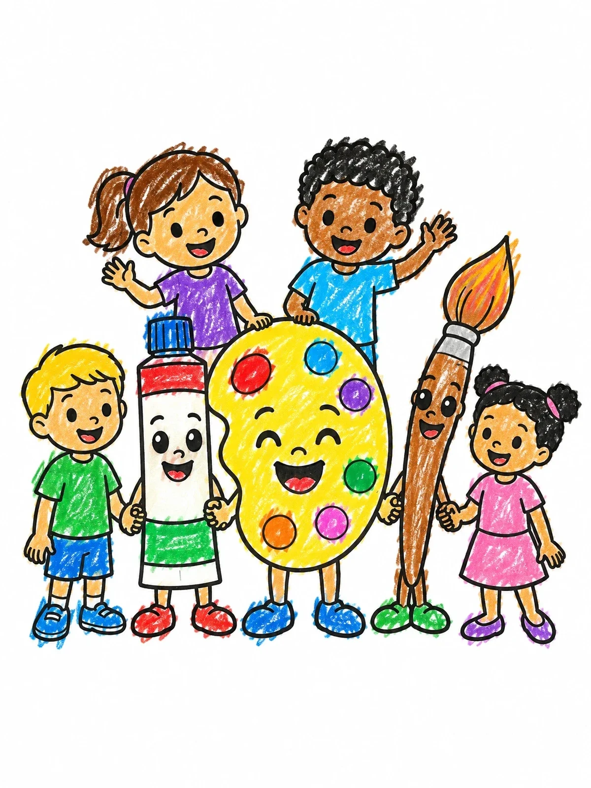 Colored example of the Happy Art Supplies And Kids coloring page