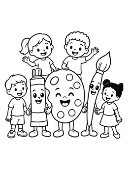 Free printable Happy Art Supplies And Kids coloring page