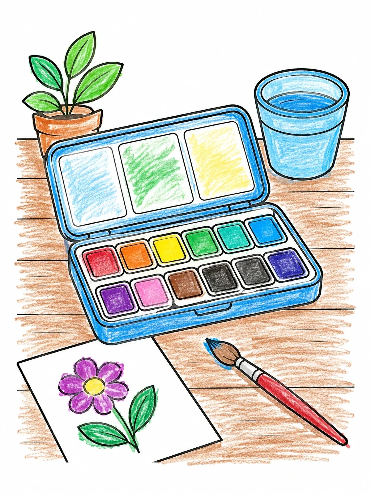 Colored example of the Watercolor Tin And Painting Supplies coloring page