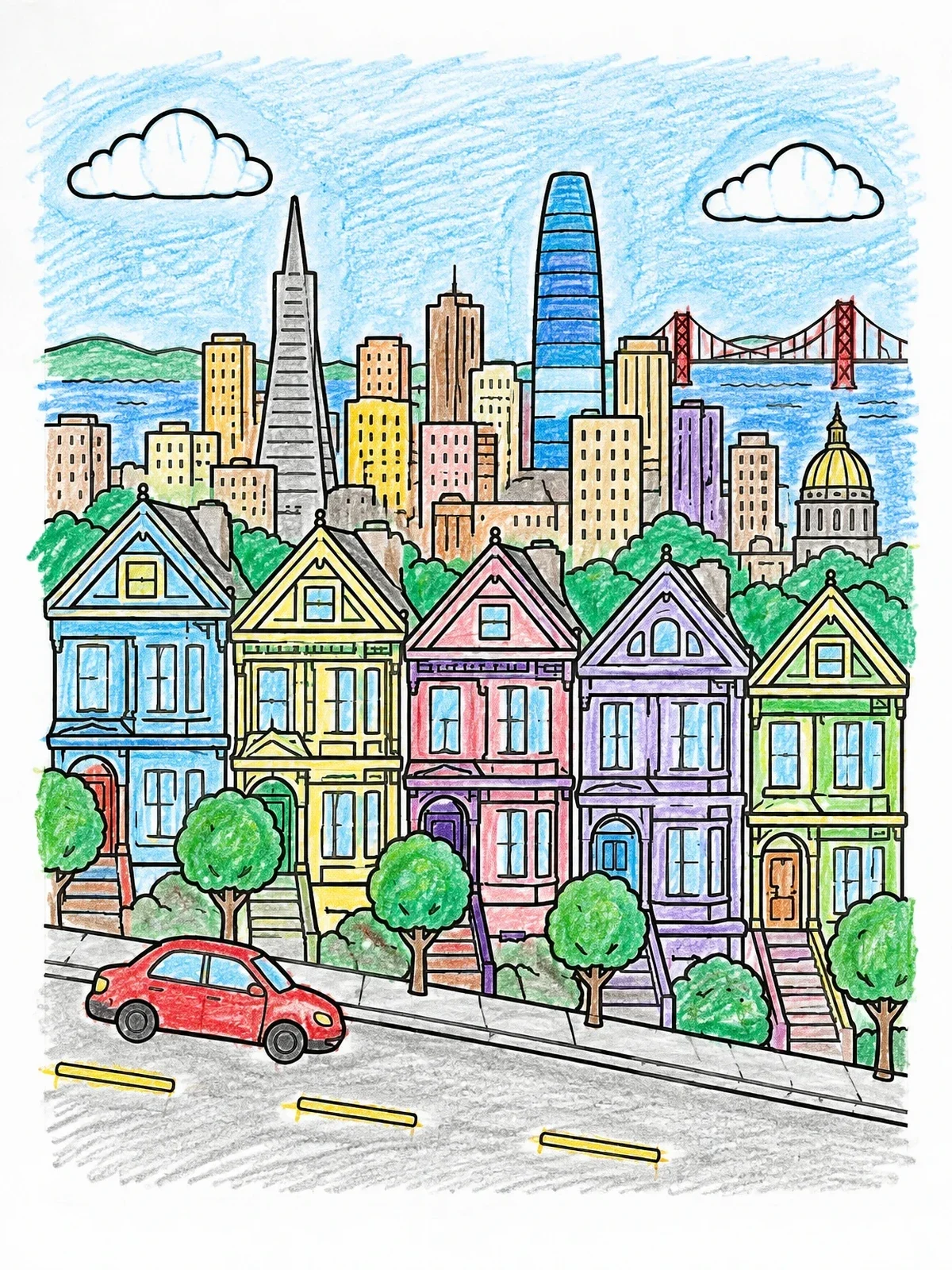 Colored example of the Painted Ladies And City Skyline coloring page