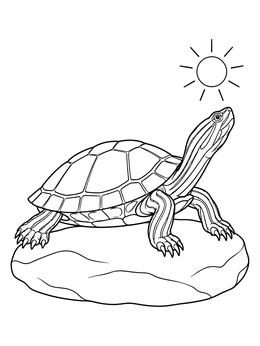 A detailed painted turtle coloring page showing a turtle basking on a rock beneath the sun.