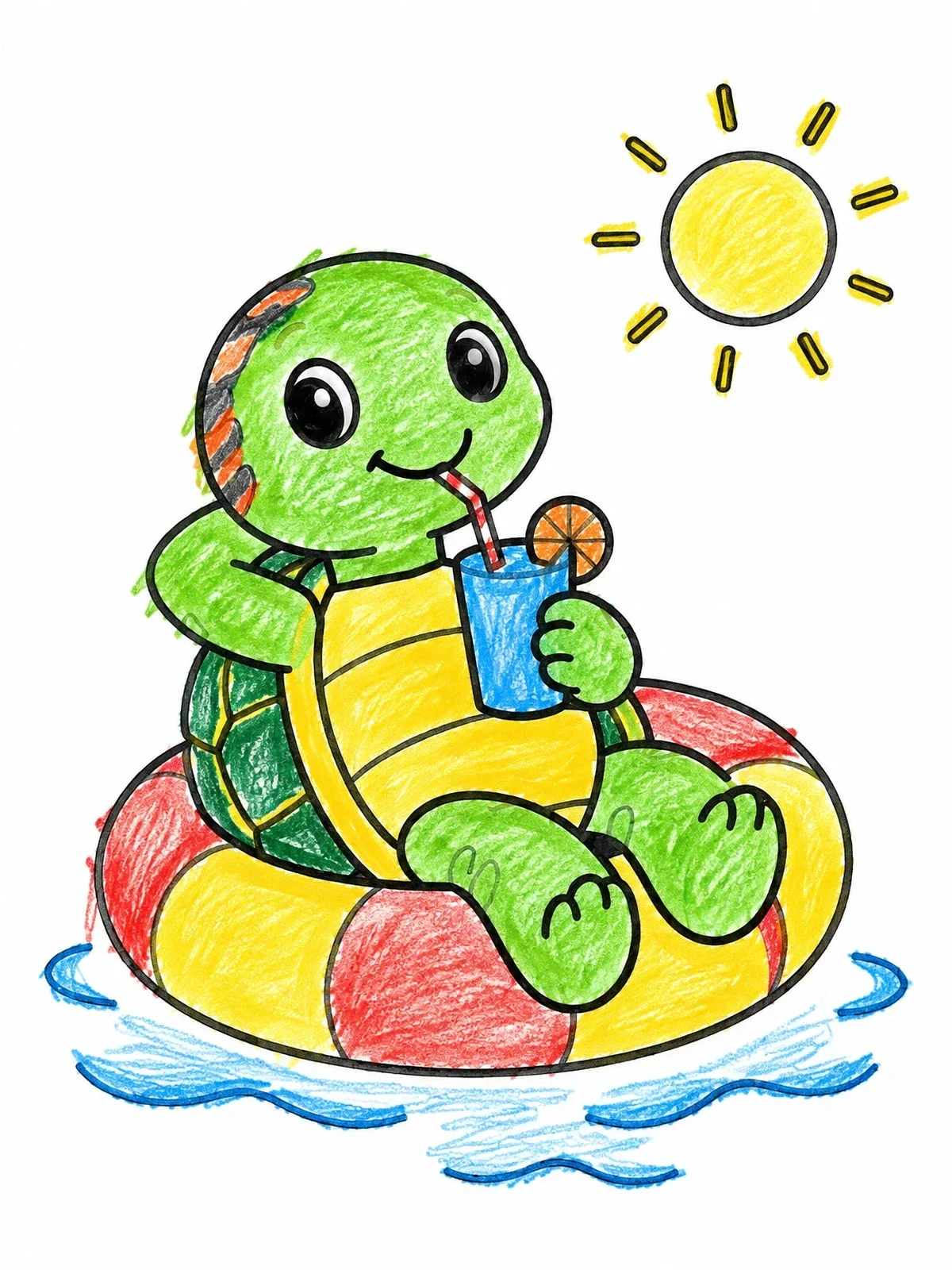 Colored example of the Cute Turtle Relaxing On Swim Ring coloring page