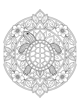 Intricate painted turtle coloring page framed inside a circular floral mandala.