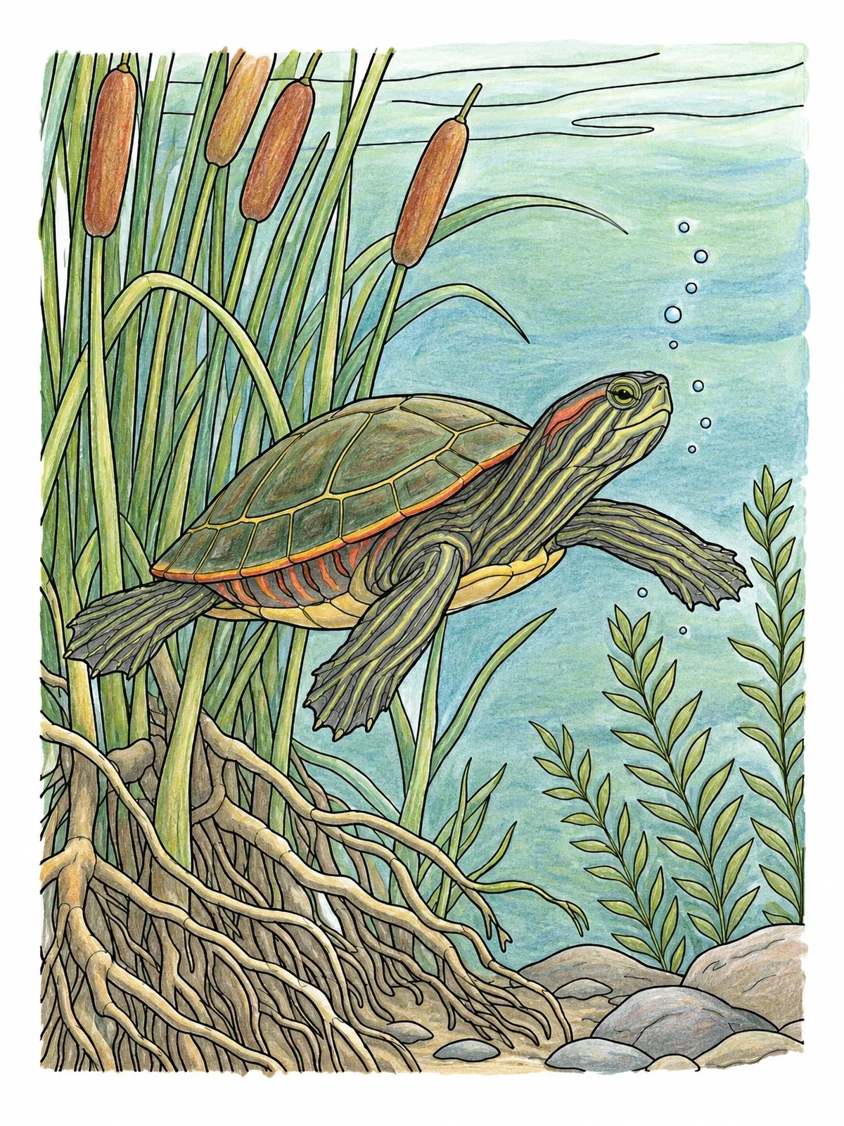 Colored example of the Painted Turtle Swimming By Cattails coloring page