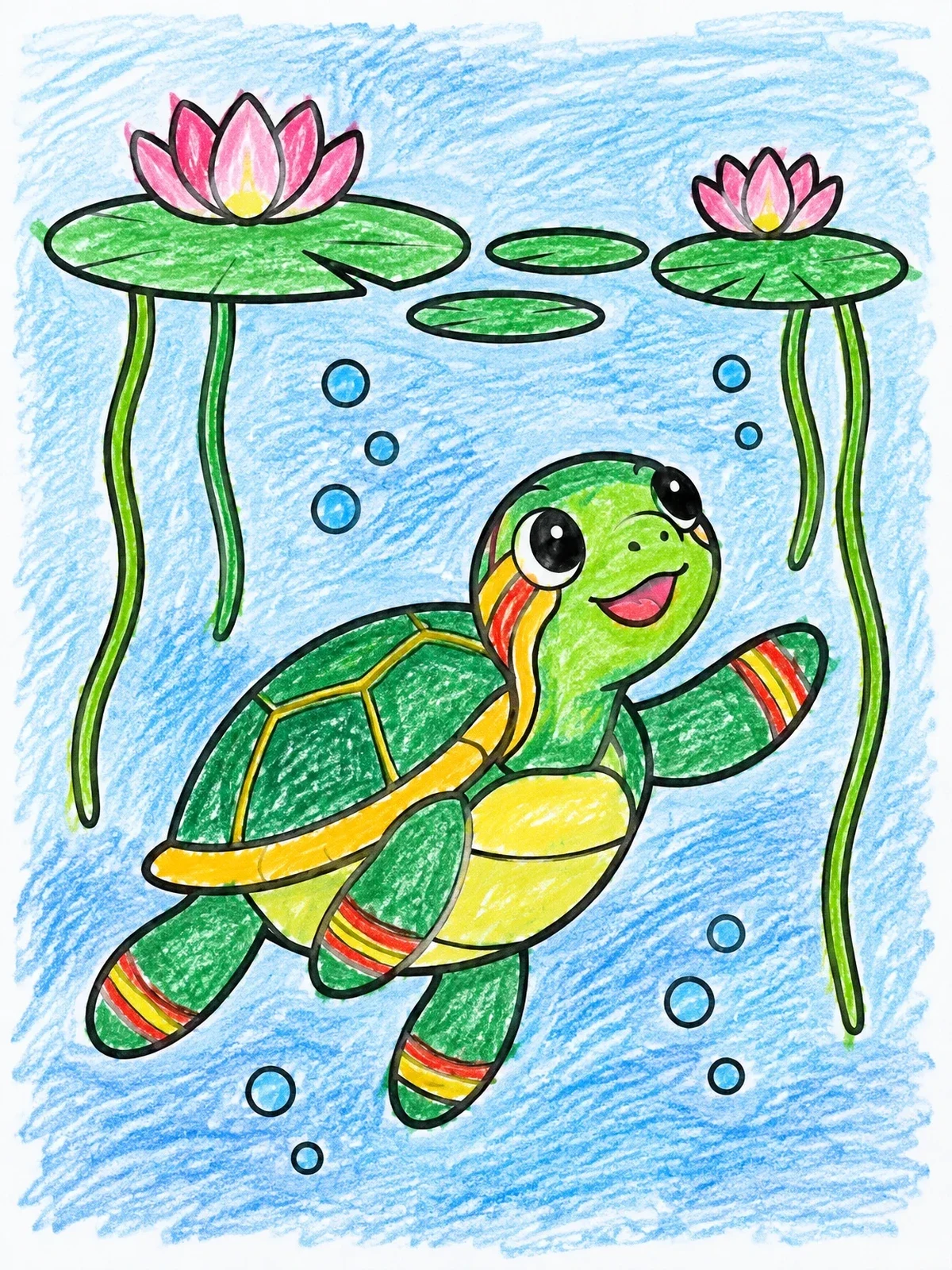 Colored example of the Cute Painted Turtle Swimming Underwater coloring page