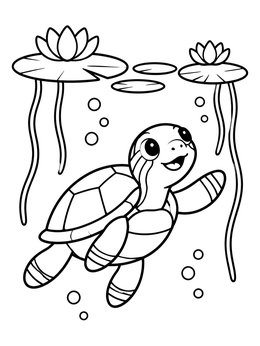 A cheerful painted turtle coloring page featuring water lilies and bubbles.