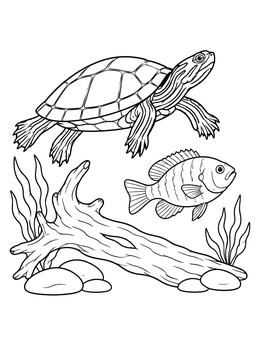 A painted turtle coloring page featuring an underwater scene with driftwood and a sunfish.