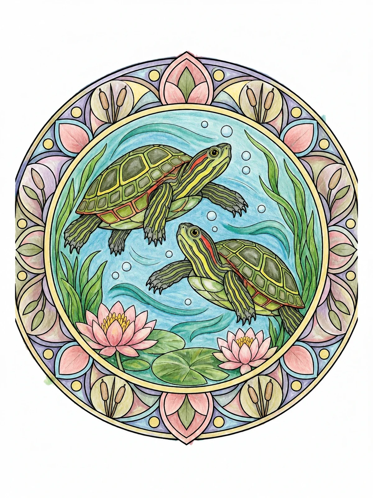 Colored example of the Painted Turtles In Pond Mandala coloring page
