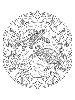 Two freshwater turtles swimming near water lilies on this painted turtle coloring page.