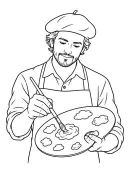A smiling artist wearing a beret mixes colors on a wooden palette in this painter coloring page.