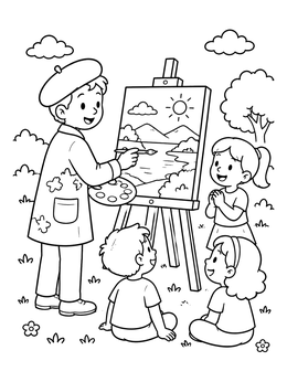 Free printable Artist Painting Outdoors For Children coloring page