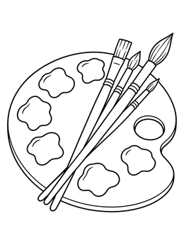A painter coloring page featuring a classic wooden palette with paint blobs and four brushes.