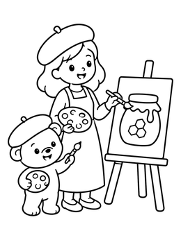 Free printable Little Girl And Teddy Painting Honey Jar coloring page