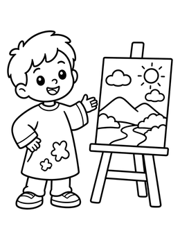 Free printable Little Artist With Landscape Painting coloring page