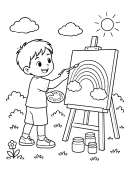 Free printable Little Boy Painting A Rainbow Outdoors coloring page
