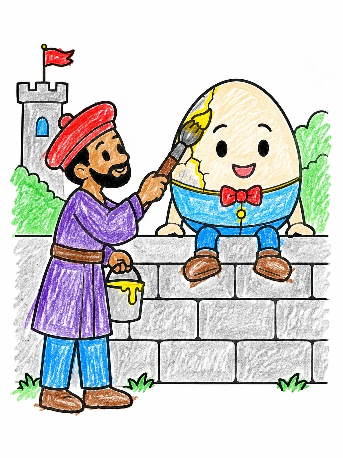 Colored example of the Painter Repairing Cracked Humpty Dumpty coloring page