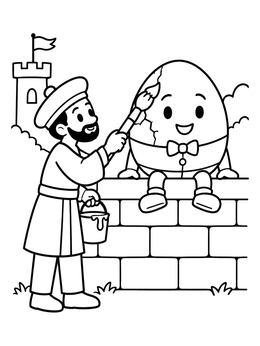 A friendly humpty dumpty coloring page featuring a painter fixing cracks on the egg sitting on a wall.