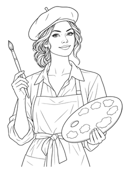 A smiling young woman in a beret holds a palette in this painter coloring page.