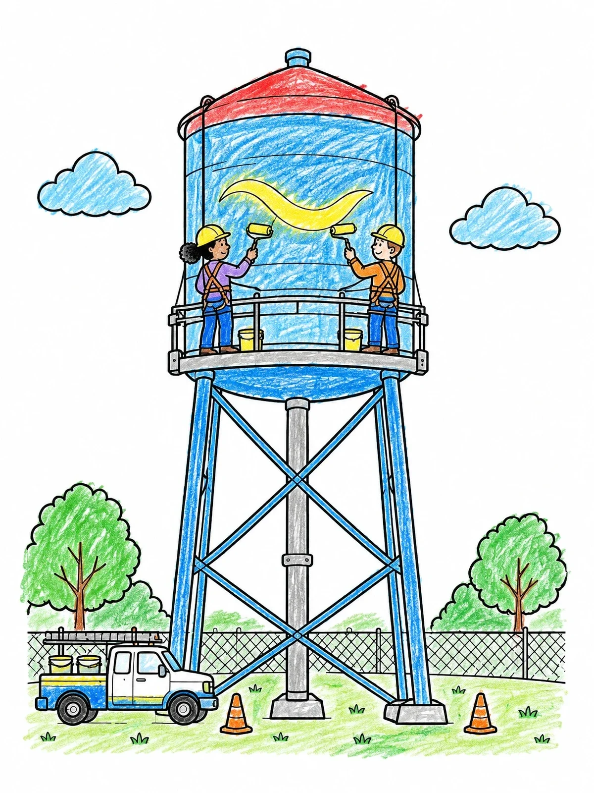 Colored example of the Painters On A Water Tower coloring page