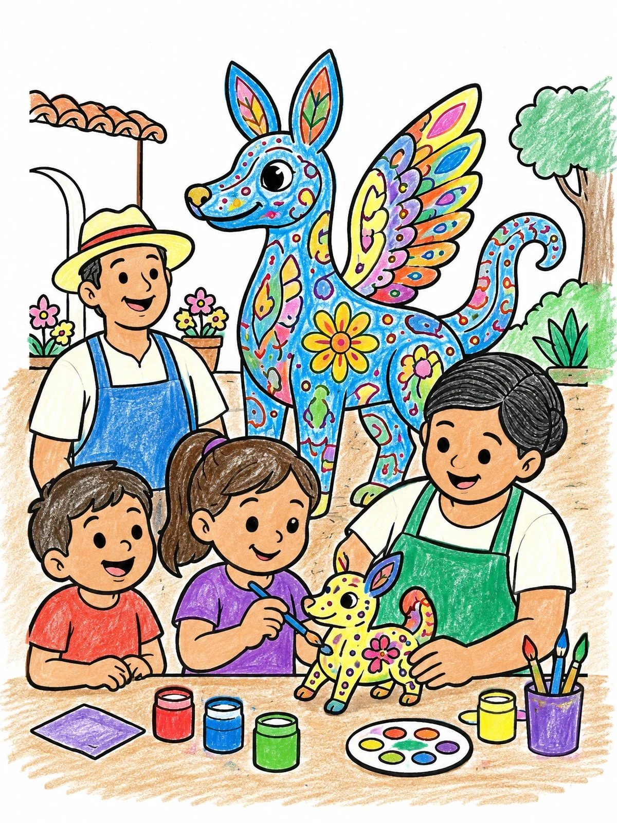 Colored example of the Painting Folk Art Alebrijes Workshop coloring page