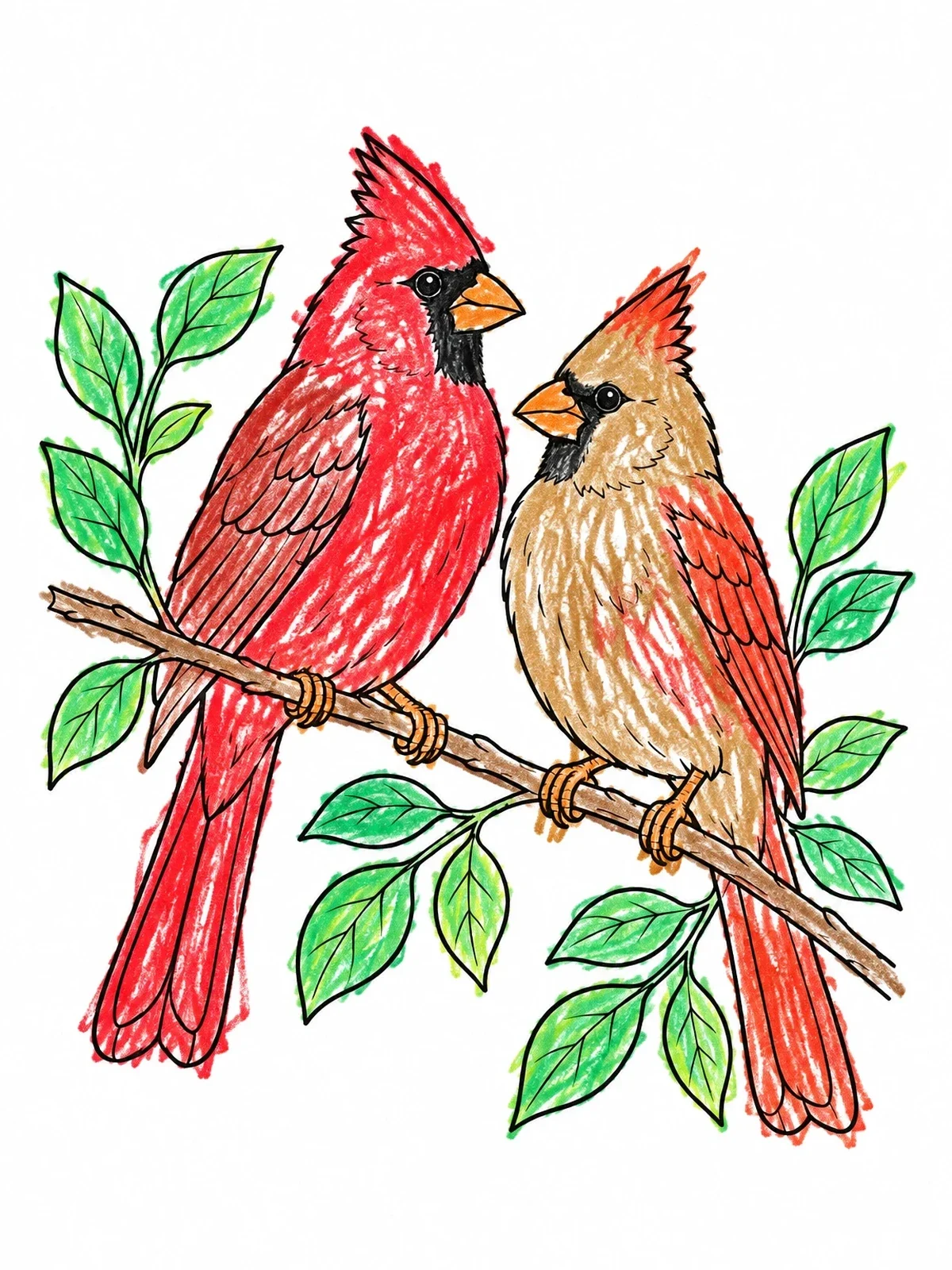 Colored example of the Pair Of Cardinals On Leafy Branch coloring page
