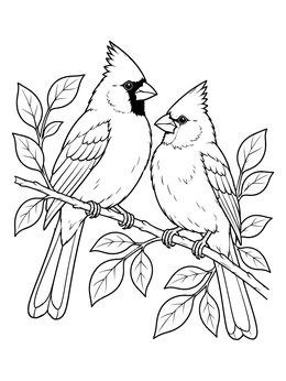 A peaceful cardinal coloring page showing two feathered birds perched on a leafy branch.