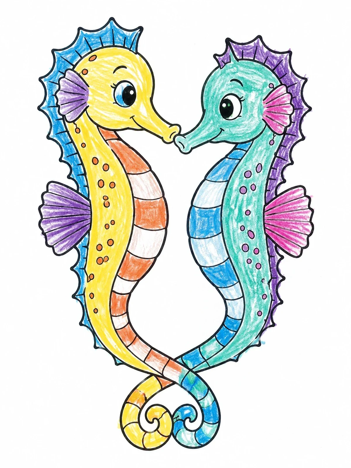 Colored example of the Pair Of Cute Seahorses coloring page