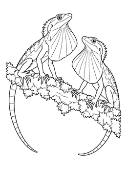 A detailed draco coloring page showing two flying lizards perched on a mossy branch.