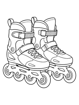 A detailed roller skating coloring page showing a pair of inline skates with buckles and wheels.