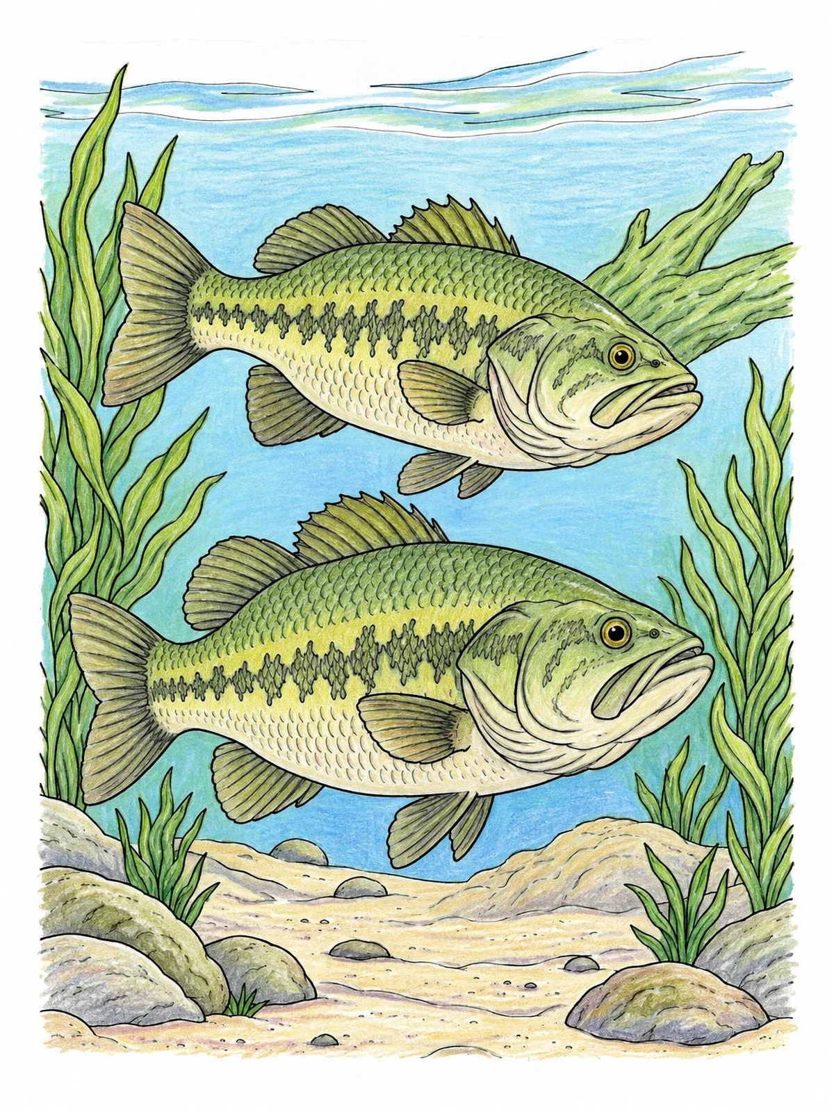 Colored example of the Pair Of Largemouth Bass Swimming coloring page