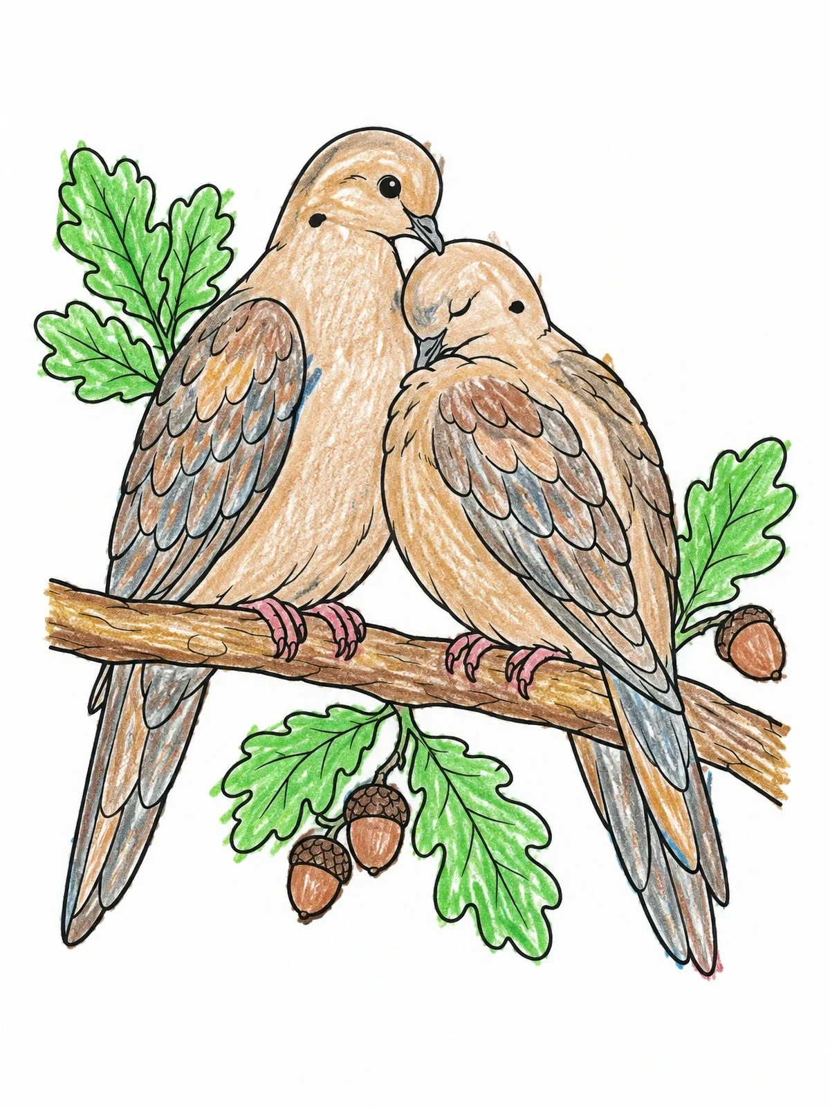 Colored example of the Pair Of Mourning Doves On Oak Branch coloring page