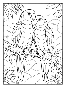Two parrots perched together on a rainforest vine branch in this parrot coloring page.
