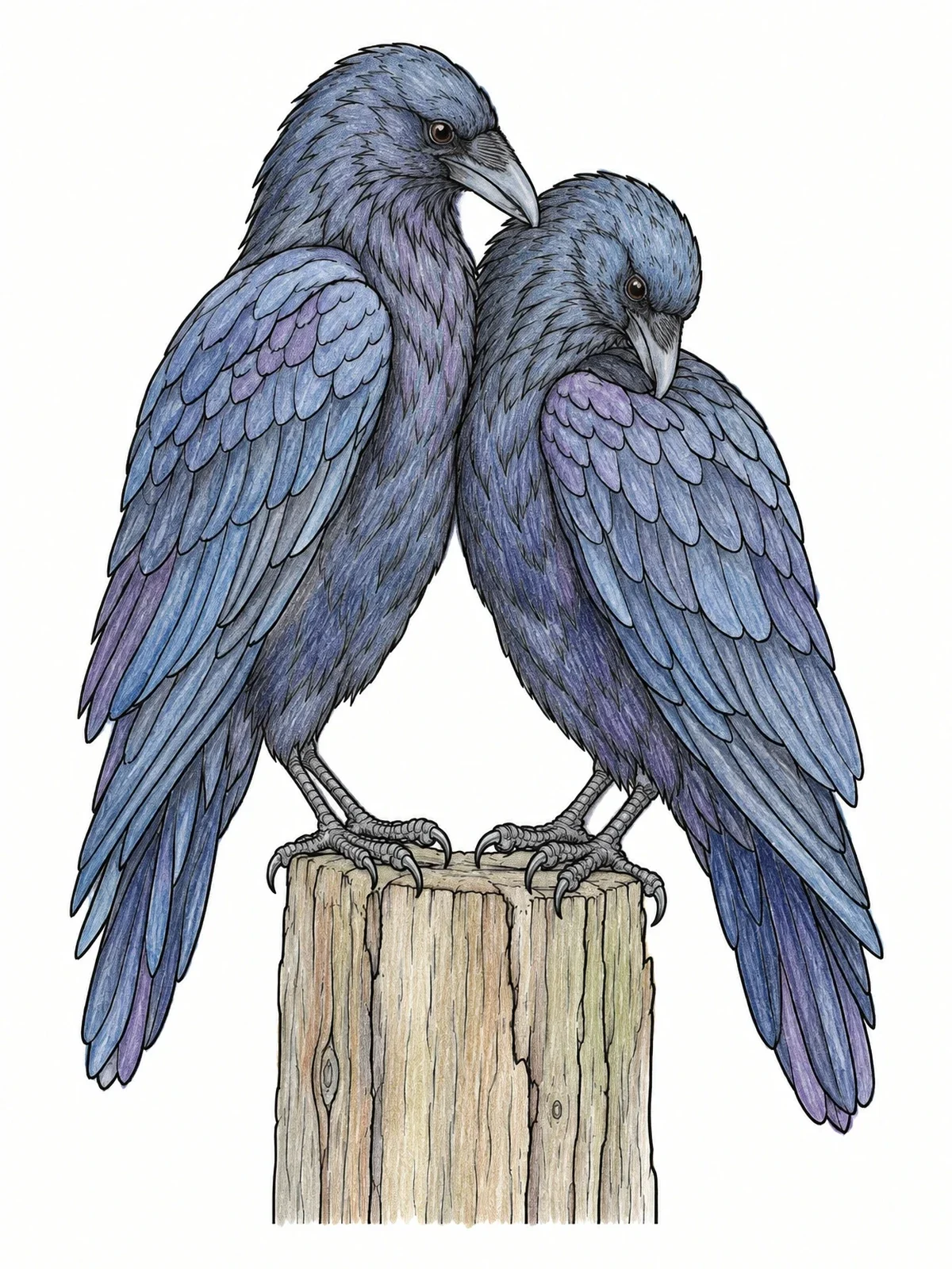 Colored example of the Pair Of Ravens On Wooden Post coloring page