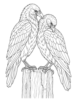 A detailed raven coloring page featuring two ravens perched close together on a post.