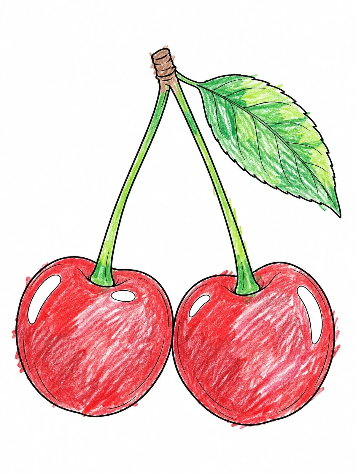 Colored example of the Pair Of Sweet Cherries With Leaf coloring page
