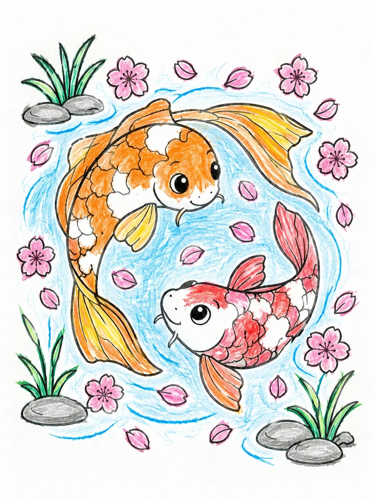Colored example of the Pair Of Swimming Koi Fish coloring page