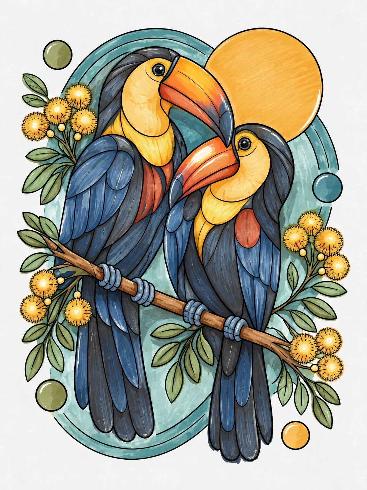Colored example of the Pair Of Toucans On Flowering Branch coloring page